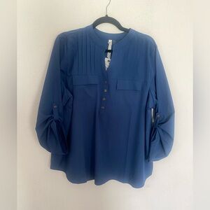 NWT Blue Pleated Blouse 2X Roll Tab Sleeve Lightweight Top